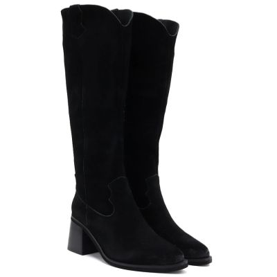 8. Damen-Cowboystiefel aus Leder mit Absatz, Wildleder, schwarz, Vinceza 133103