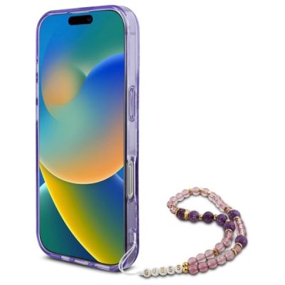 4. Guess IML Flowers MagSafe Hülle mit Perlenriemen für iPhone 16 Pro Max – Lila
