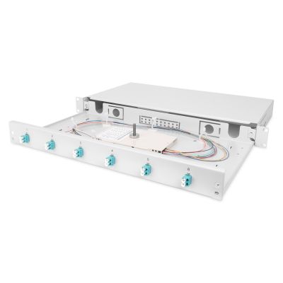 8. FO-Patchpanel mit Geräten, 19 Zoll, 1 HE, 6x LC DX, OM3, Anschlusskabel, Adapter, Einschubfächer, verschiebbar, grau