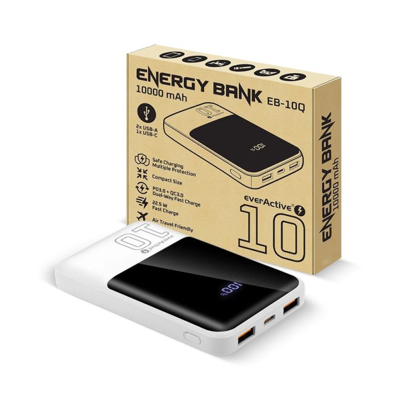 4. EVERACTIVE Powerbank 10.000 mAh, 2x USB, 1x USB-C 22,5 W, QC4+, LCD, Weiß EB-10Q