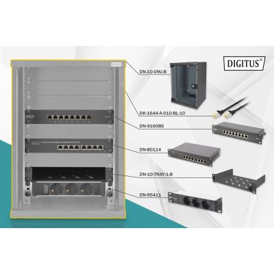 8. 10-Zoll-Netzwerkset: 9HE-Wandschrank, Ablage, Steckdosenleiste, 8-Port-Switch, Cat.6-Anschlussfeld, schwarz