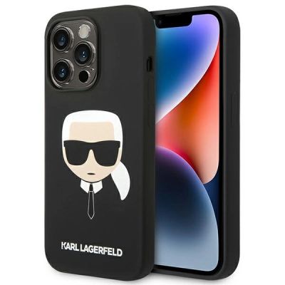 Karl Lagerfeld Silikonhülle mit Karls Kopf für iPhone 14 Pro Max – Schwarz