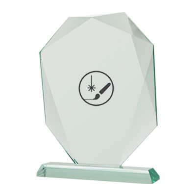 3. Gravierte Glastrophäe mit Vitrine + Farbfüllung