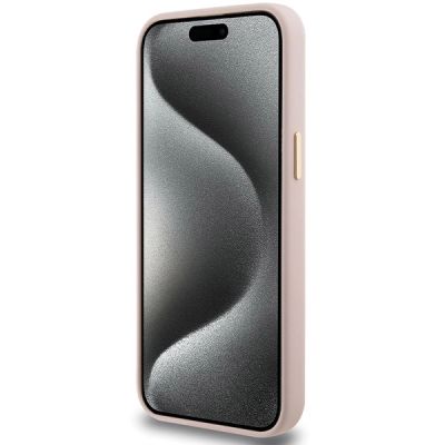 5. Guess Silikon Script Metal Logo & Frame Hülle für iPhone 15 Pro – Rosa
