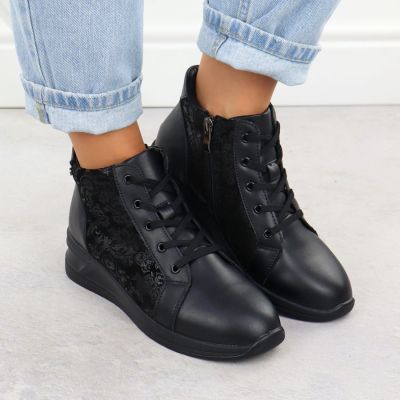 7. Schwarze Damen-Ankle-Boots aus Leder mit Blumenmuster und Keilabsatz, Filippo DBT7280