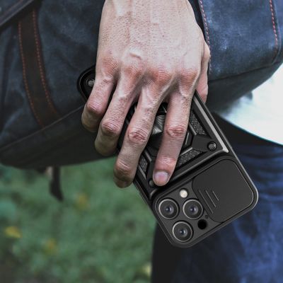 8. Hybrid Armor Camshield Panzerhülle für iPhone 16 Pro Max mit Kameraabdeckung und Ständer – Schwarz