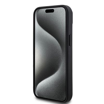 5. DKNY MagSafe Lederhülle mit bedrucktem Muster und Metalllogo für iPhone 15/14/13 – Schwarz
