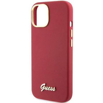 6. Guess Silikon Script Metal Logo & Frame Hülle für iPhone 15 – Rot