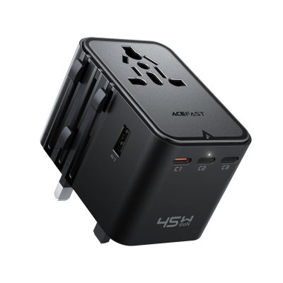 Acefast Z8 GaN 45W Reiseadapter 3x USB-C + 2x USB-A Reise-Wandladegerät mit 2500W-Netzsteckdose – Schwarz