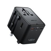 Acefast Z8 GaN 45W Reiseadapter 3x USB-C + 2x USB-A Reise-Wandladegerät mit 2500W-Netzsteckdose – Schwarz