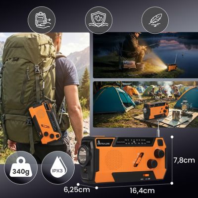 20. Extralink Solar-Notfallradio mit Kurbeldynamo-Powerbank (4000 mAh) und SOS-Taschenlampe SR-4000, tragbar, analog, Schwarz/Orange