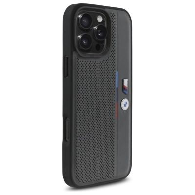 4. BMW M Perforierte Tricolor Detail Line Hülle für iPhone 16 Pro - Dunkelgrau