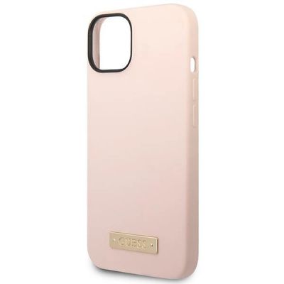 6. Guess Silikon-Logo-Platte MagSafe Hülle für iPhone 13 / 14 / 15 - Pink