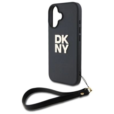 5. DKNY Wrist Strap Stock Logo Hülle für iPhone 16 – Schwarz
