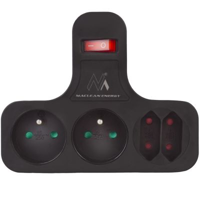5. MACLEAN Vierfachsteckdose mit Schalter, Stabilisierungsfuß, Typ E, 2 x 2,5 A, 2 x 16 A MCE224 E/B
