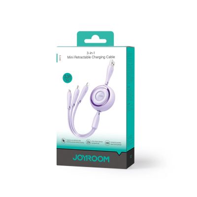 5. Joyroom Colourful Series S-A40-Kabel, einziehbares 3-in-1-USB-A - USB-C / Lightning / Micro-USB 1 m - Lila