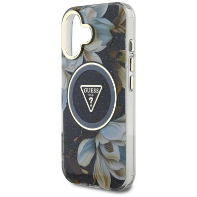 6. Guess Glitter Flowers Triangle Buttons MagSafe Hülle für iPhone 16 schwarz
