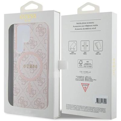 8. Guess 4G Collection MagSafe Leder-Metall-Logo-Hülle für Samsung Galaxy S24 Ultra – Pink