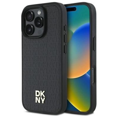 DKNY Repeat Pattern Stack Logo MagSafe-Hülle für iPhone 16 Pro Max – Schwarz