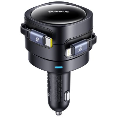 2. Baseus Enjoyment Max 60W Autoladegerät mit einziehbaren USB-C- und Lightning Kabeln – Schwarz