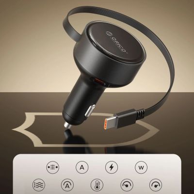 12. Orico FC-60-2C 60W Kfz-Ladegerät mit einziehbarem USB-C-Kabel (65 cm) – Schwarz