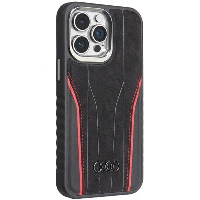 6. Audi Echtledertasche mit MagSafe für iPhone 15 Pro Max – Schwarz und Rot