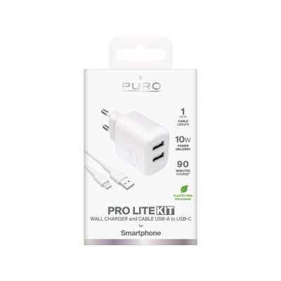2. Puro PROLITE 10W 2x USB-A Wandladegerät + USB-A - USB-C Kabel 1,2m - weiß