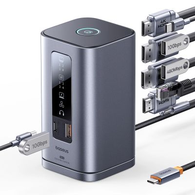 3. Baseus Spacemate RD1 Hub 11-in-1 USB-C Dockingstation – 2x HDMI 4K@60Hz, 2x DP 4K@60Hz, 2x USB-A 10 Gbit/s, USB-C 10 Gbit/s, RJ45, USB-A 480 Mbit/s, USB-C PD Mini-Klinkenanschluss, 3,5-mm-EU-Ladeanschluss – Grau