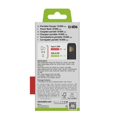 3. Powerbank SBS 20000 mAh 20W mit integriertem USB-C-Kabel und Digitalanzeige - schwarz