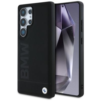 BMW Lederhülle mit großem Wortmark für Samsung Galaxy S25 Ultra, Schwarz