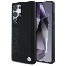 BMW Lederhülle mit großem Wortmark für Samsung Galaxy S25 Ultra, Schwarz