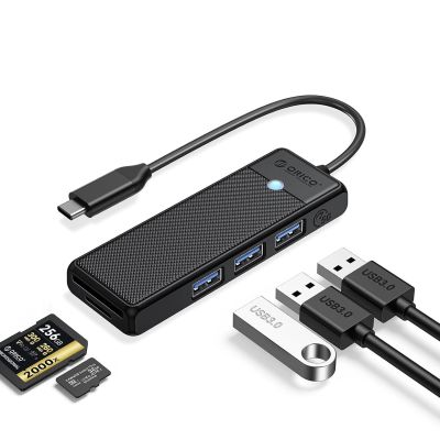 9. Orico PAPW3AT-C3 USB-Hub mit 4 Anschlüssen (3x USB-A 3.0) und microSD/SD-Kartenleser, 1 m Kabel – Schwarz