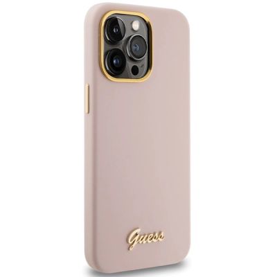 4. Guess Silikon Script Metal Logo & Frame Hülle für iPhone 15 Pro Max – Rosa