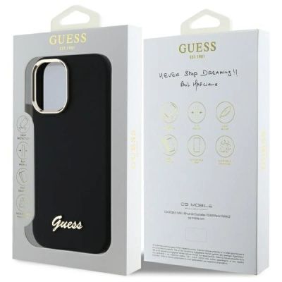 8. Guess Silikonhülle mit Metalllogo und Rahmen für iPhone 16 Plus – Schwarz