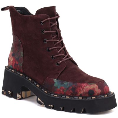 Damen-Lederstiefeletten mit Blumen, bordeauxrot, Artiker 59C0248
