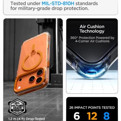 10. Spigen Ultra Hybrid Optik S MagSafe Hülle für iPhone 18 Pro / 17 Pro – Transparentes Orange