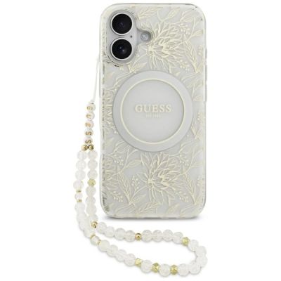 Guess IML Flowers Electro Pearl Strap MagSafe Hülle für iPhone 17 - weiß