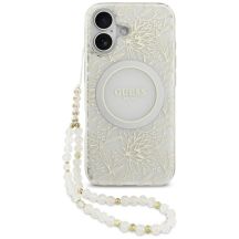 Guess IML Flowers Electro Pearl Strap MagSafe Hülle für iPhone 17 - weiß