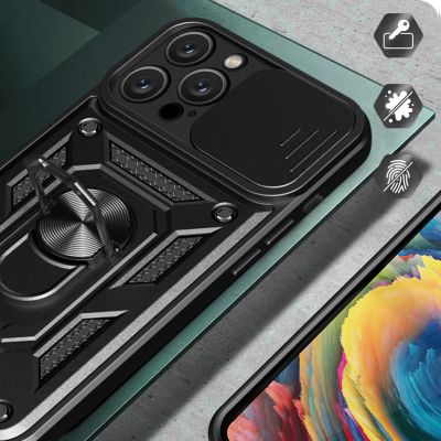 4. Hybrid Armor Camshield iPhone 16 Pro gepanzerte Hülle mit Kameraabdeckung und Ständer – Schwarz