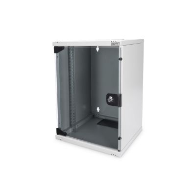 8. Wandmontierter Netzwerkschrank 10" 9U Rack 312x300, Glastür, grau, ungeteilt, montiert, 30 kg