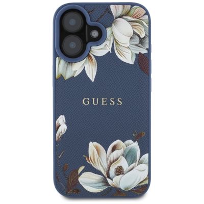 3. Guess Grained Printed Flower Pattern MagSafe iPhone 16 Hülle Blau