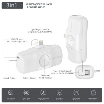 12. Wozinsky WF16-YLS 5000 mAh 15 W Lightning Mini-Powerbank mit integriertem USB-C-Kabel und Apple Watch Ladegerät – Weiß