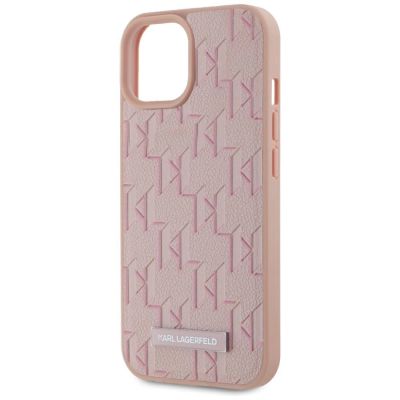 6. Karl Lagerfeld Leder-Monogramm-Metalllogo MagSafe iPhone 15 Hülle - Rosa