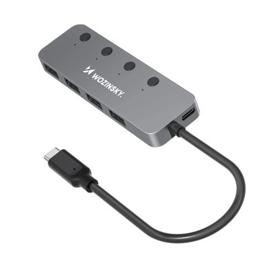 Wozinsky WHS088YSS 4x USB-A Aluminium-Hub mit Einzelschaltern und 15 cm USB-C-Kabel – Grau