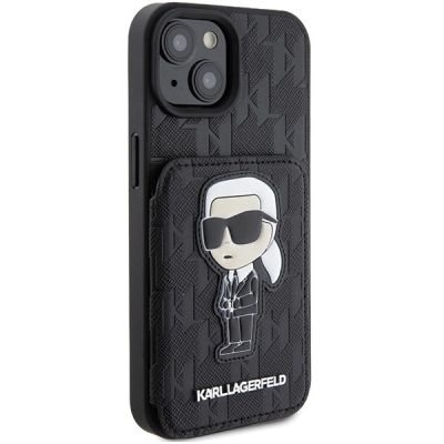 4. Karl Lagerfeld Saffiano Cardslots and Stand Monogram Ikonik Patch Hülle für iPhone 15 – Schwarz