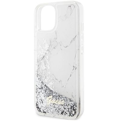 6. Guess Liquid Glitter Marble Hülle für iPhone 14 – Weiß