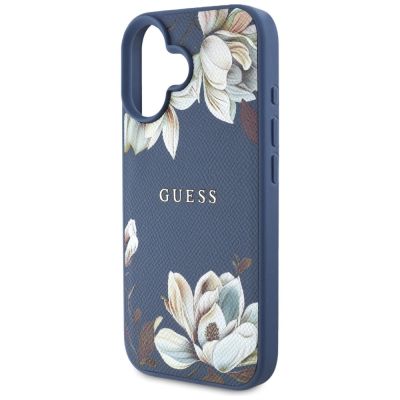 6. Guess Grained Printed Flower Pattern MagSafe iPhone 16 Hülle Blau