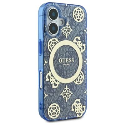 4. Guess IML Peony On 4G Background MagSafe Hülle für iPhone 16 – Blau