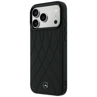 2. Mercedes Lederhülle mit gekreuzten Linien und MagSafe-Design für iPhone 17 Pro Max / 18 Pro Max – Schwarz