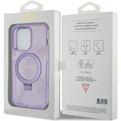 8. Guess Ring Stand Script Glitter MagSafe Hülle für iPhone 15 Pro – Lila